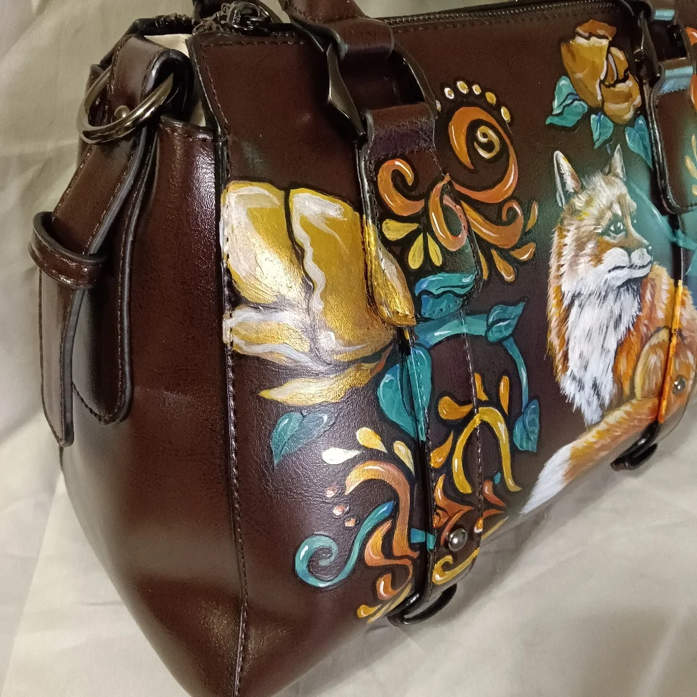 Unique HAND PAINTED Genuine LEATHER Brown *NWT* Handbag Orange Fox Gold Flowers - Picture 4 of 12
